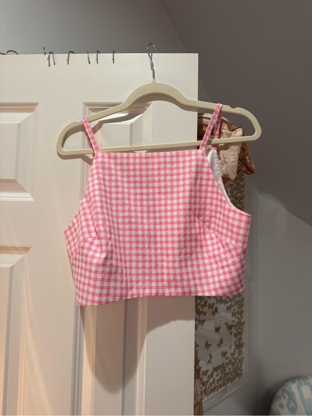 Lovers + Friends Pink Gingham Crop Cami Top